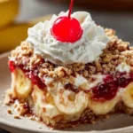 Delicious Banana Split Dump Cake served with whipped cream and cherries.
