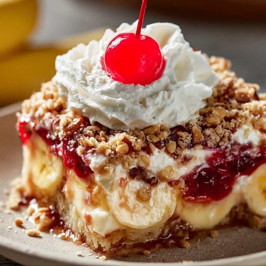 Delicious banana split dump cake topped with whipped cream and cherries.