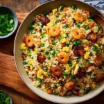 A vibrant dish of Bang Bang Fried Rice garnished with fresh herbs and spices.
