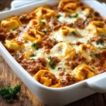 Creamy Beefy Tortellini Bake dish with melted cheese and herbs