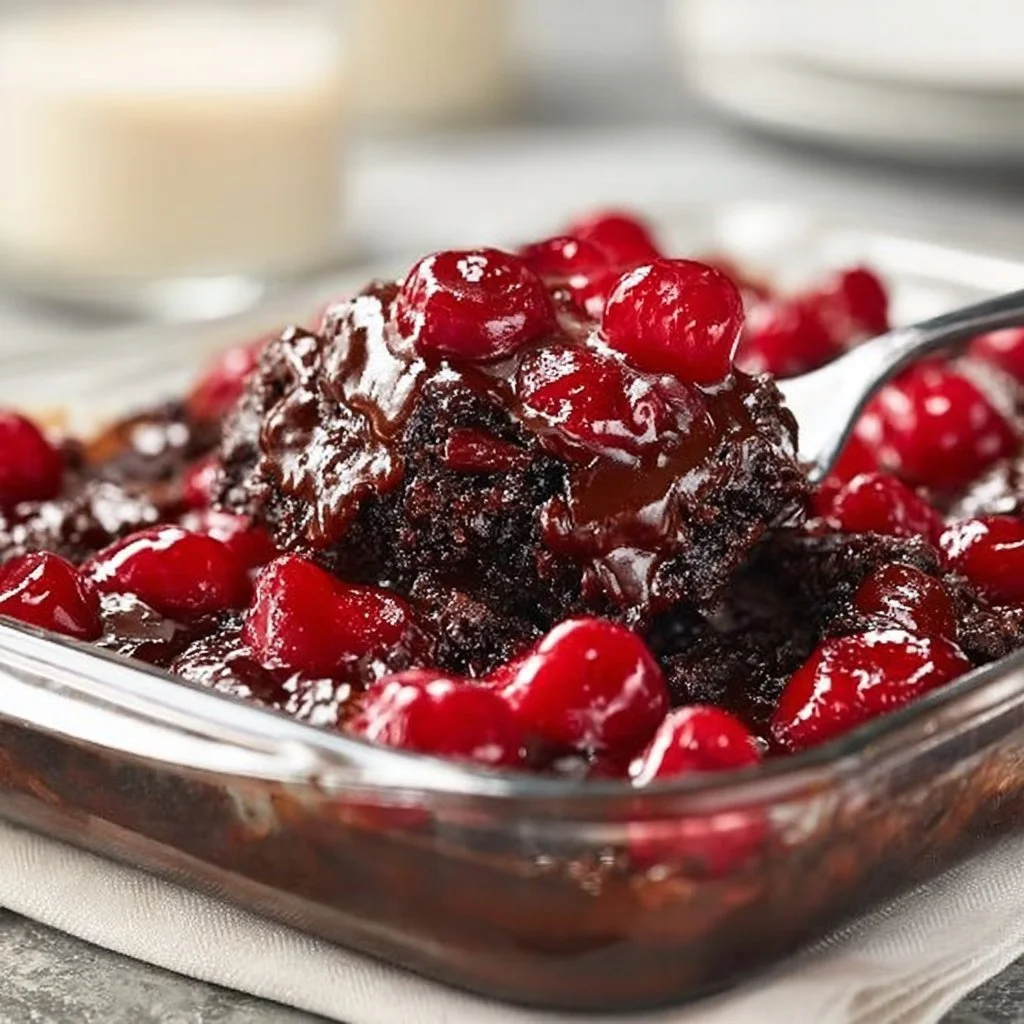 Delicious Black Forest Dump Cake topped with whipped cream and cherries