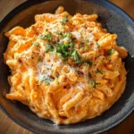 Creamy Buffalo Chicken Alfredo Pasta dish topped with parsley and red pepper flakes