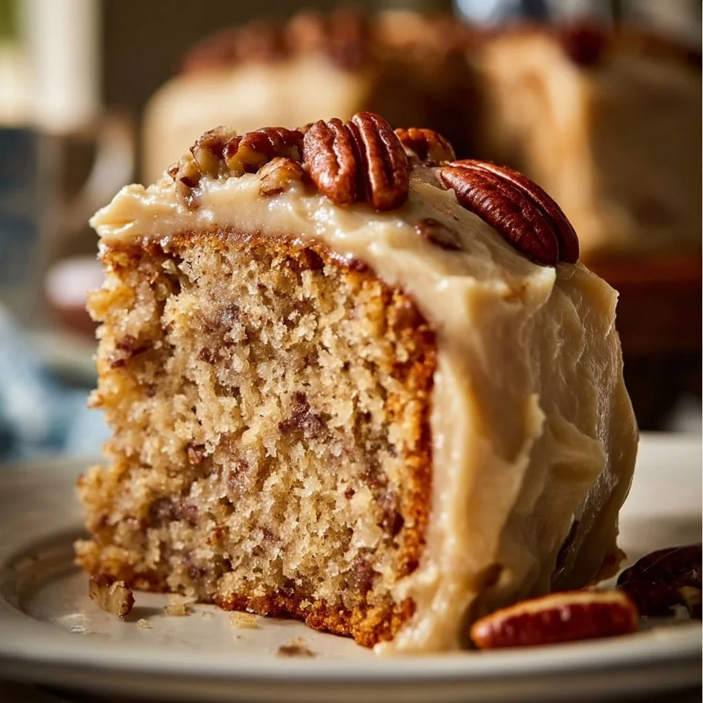 Delicious Butter Pecan Cake Layers with rich frosting and pecans