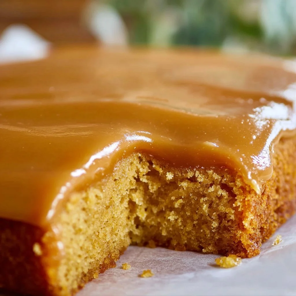Delicious homemade caramel cake with luscious caramel icing on a white plate.