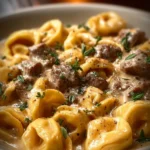 Plate of cheesesteak tortellini in creamy provolone sauce