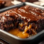 Decadent chocolate caramel dump cake served on a plate with chocolate drizzle