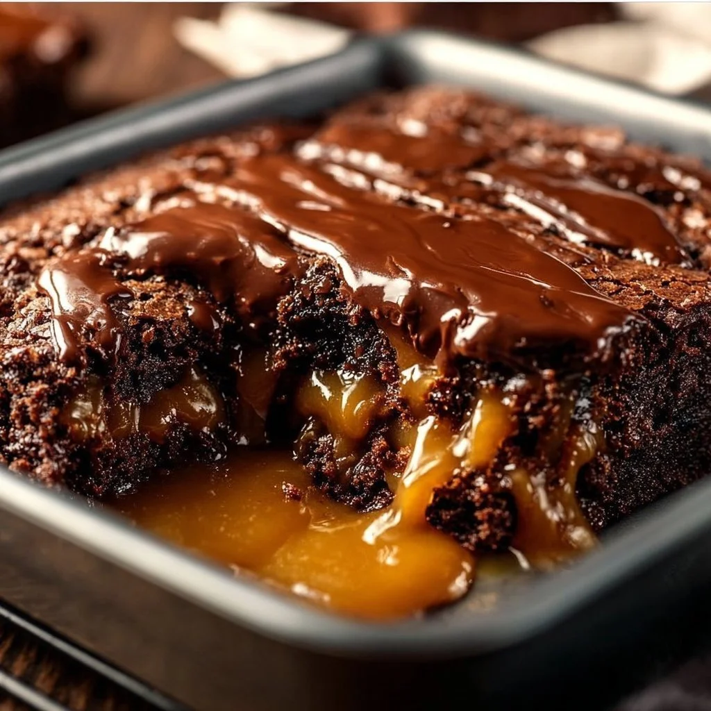 Decadent chocolate caramel dump cake served on a plate with chocolate drizzle