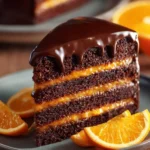 Delicious Chocolate Orange Layer Cake with Ganache frosting and orange slices.