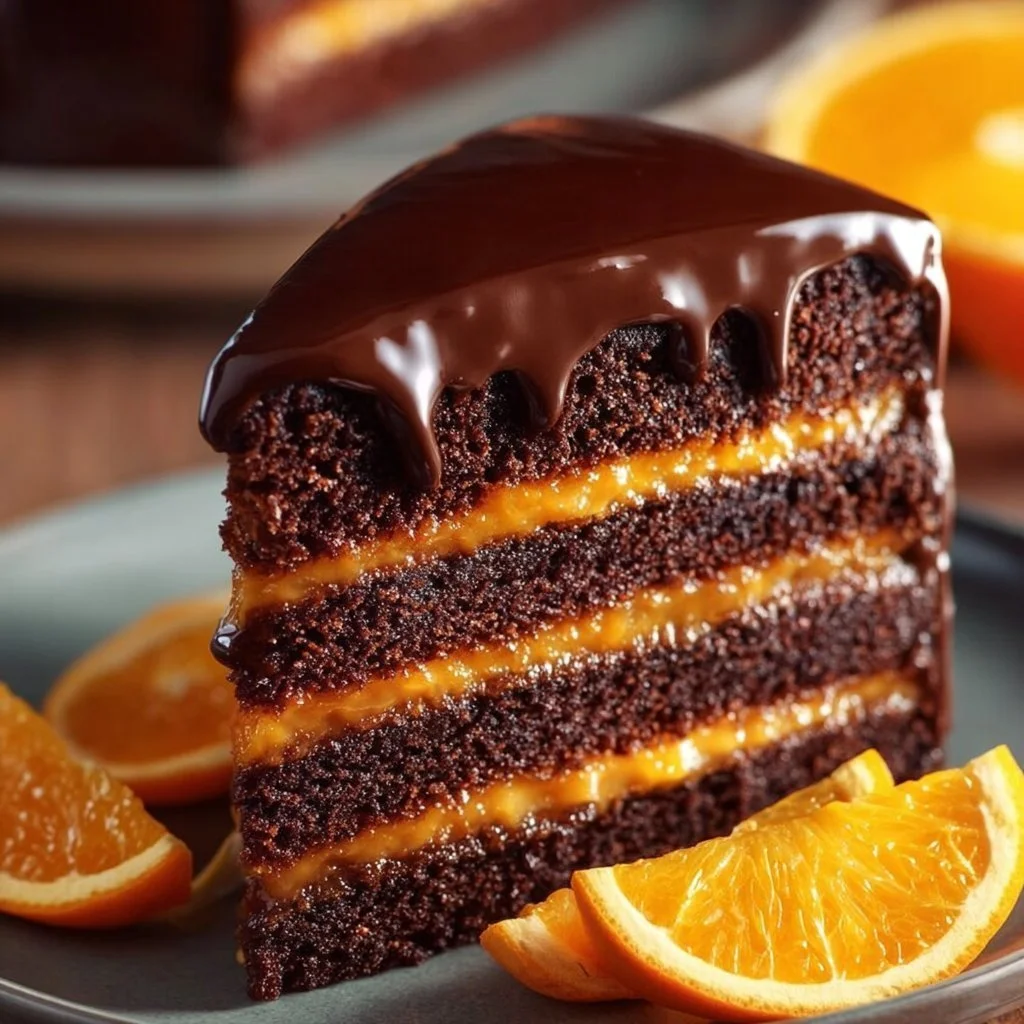 Delicious Chocolate Orange Layer Cake with Ganache frosting and orange slices.