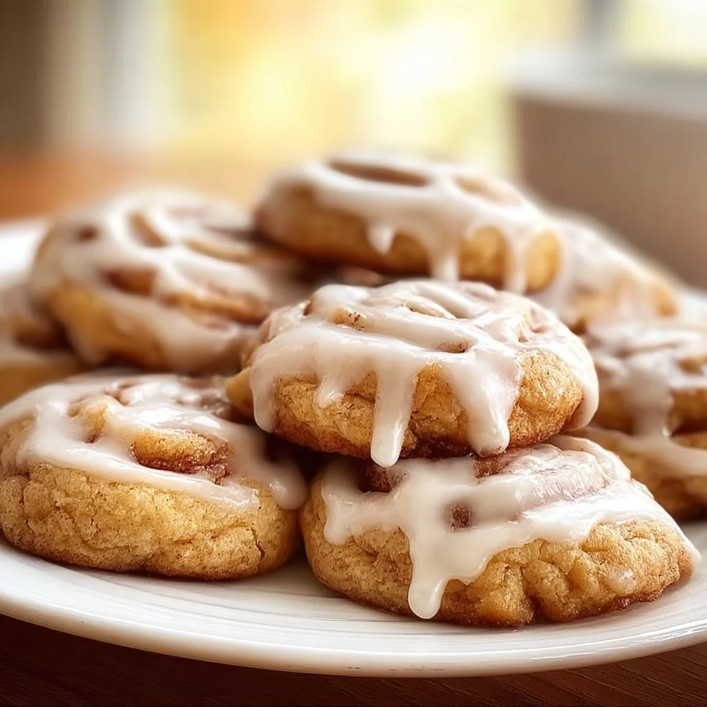 Freshly baked cinnamon roll cookies on a cooling rack.
