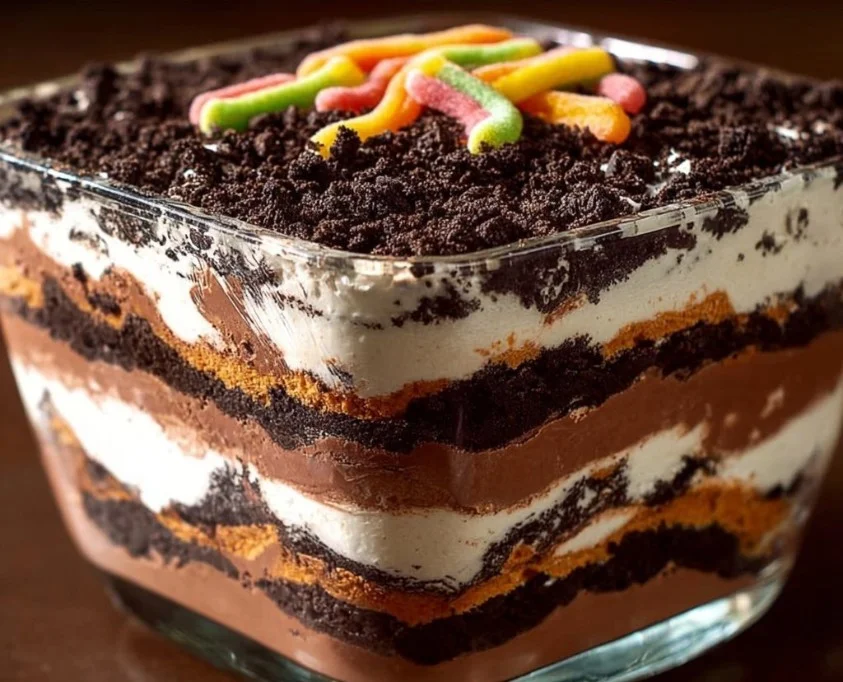 Delicious classic dirt cake topped with chocolate cookies and gummy worms.