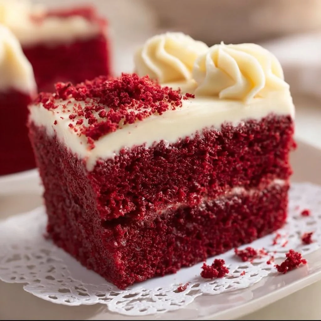 Classic red velvet cake with cream cheese frosting on a white plate