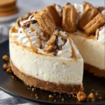 Delicious Cookie Butter No Bake Cheesecake topped with cookie crumbles