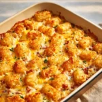 Delicious Cracked Out Chicken Tater Tot Casserole topped with crunchy tater tots