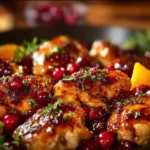 Delicious Cranberry Orange Chicken garnished with herbs on a white plate.