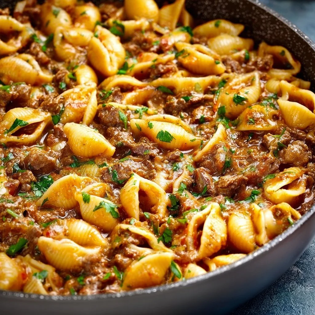 Creamy Beef and Shells dish served with cheese and herbs on a plate
