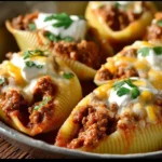 Creamy beef taco stuffed shells filled with flavorful beef and cheese