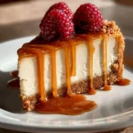 Creamy gingerbread cheesecake topped with caramel sauce and festive decorations