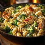 Creamy rotisserie chicken broccoli pasta dish garnished with herbs.