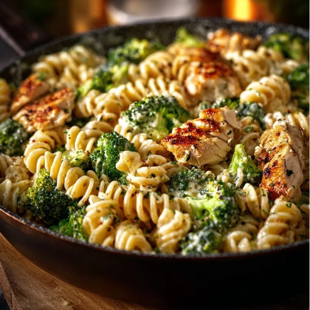 Creamy rotisserie chicken broccoli pasta dish garnished with herbs.