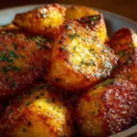 Plate of crispy Parmesan potatoes garnished with herbs