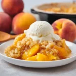 Crockpot Peach Dump Cake served with fresh peaches on top