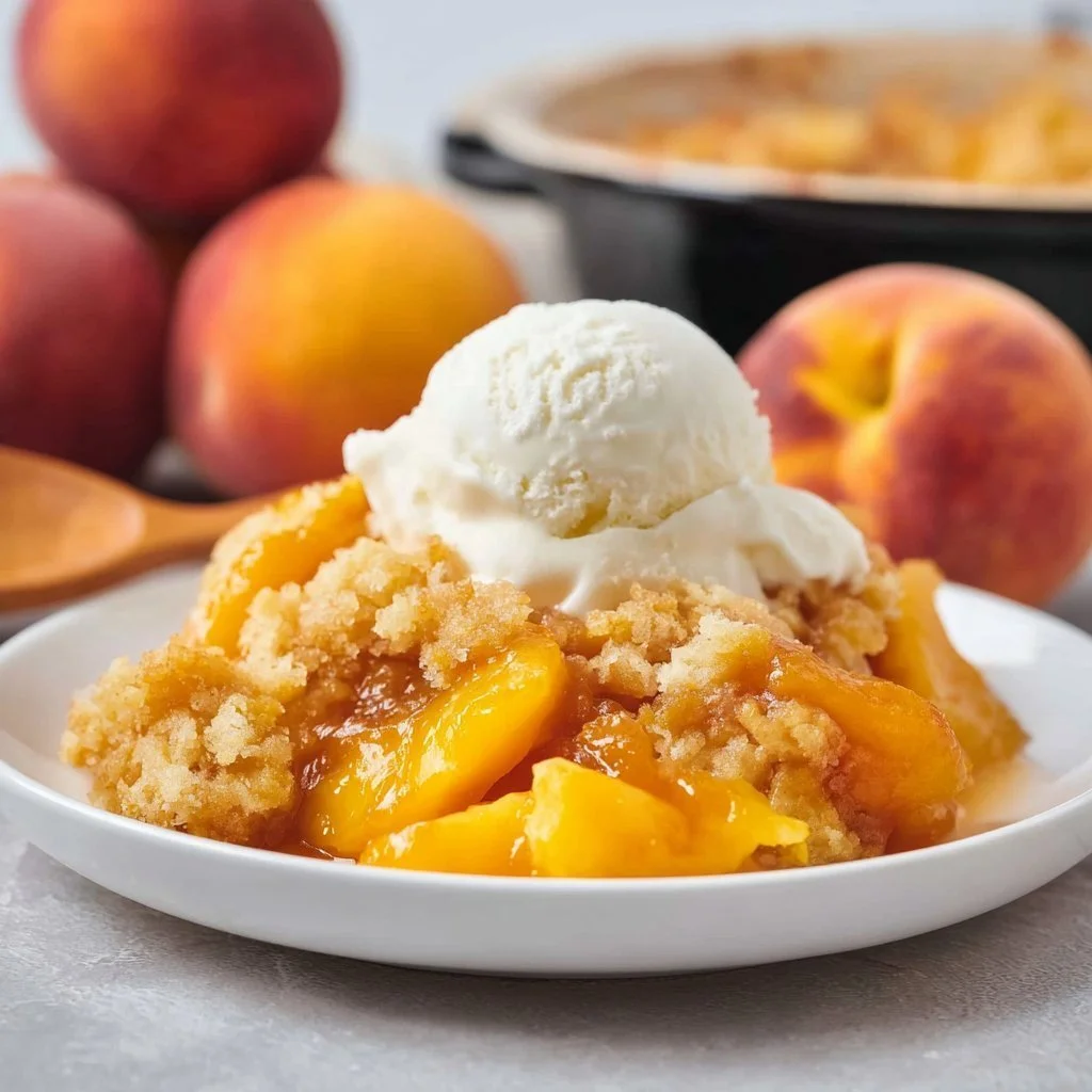 Crockpot Peach Dump Cake served with fresh peaches on top
