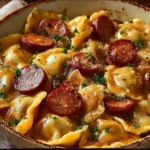 Crockpot pierogi casserole with kielbasa dish in a serving bowl