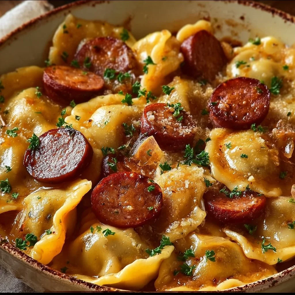 Crockpot pierogi casserole with kielbasa dish in a serving bowl