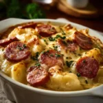 Delicious Crockpot Pierogi Casserole with Kielbasa in a ceramic dish