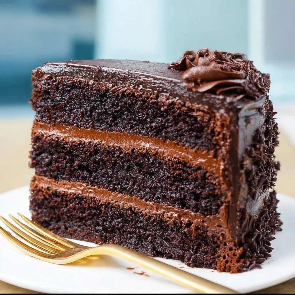 Decadent Death by Chocolate Cake with layers of rich chocolate frosting