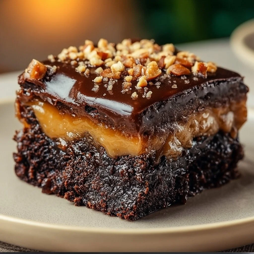 Decadent chocolate caramel dump cake served on a dessert plate