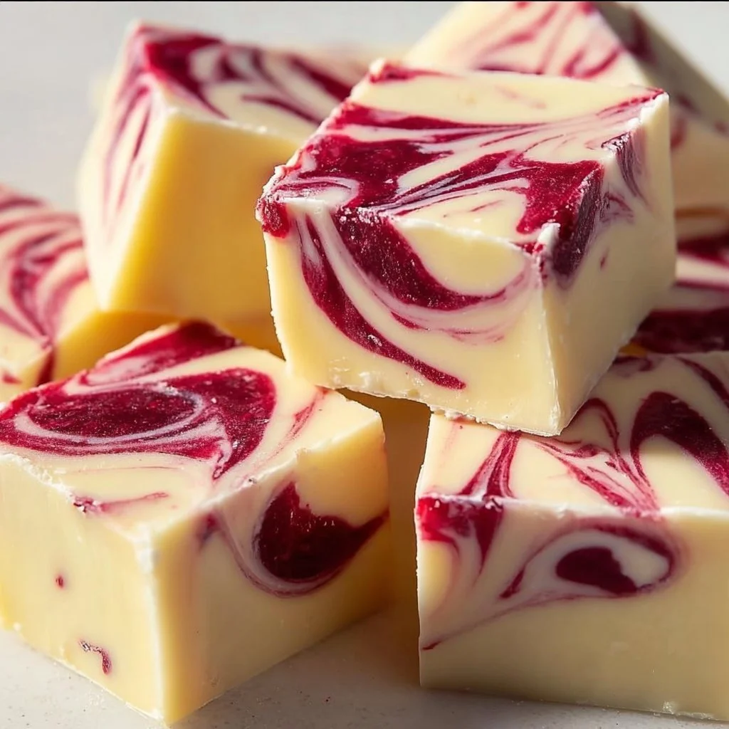 Decadent white chocolate raspberry fudge dessert with raspberry swirls