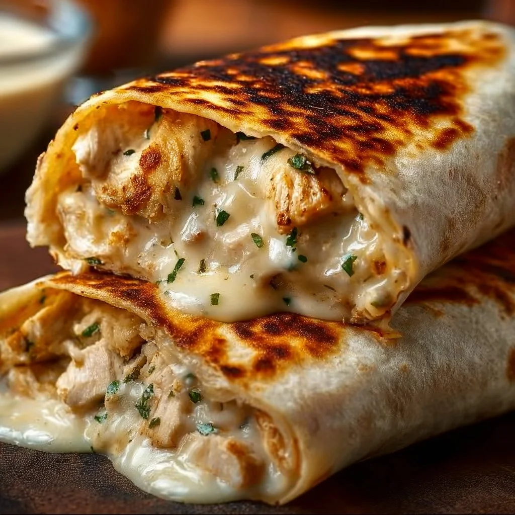 Delicious cheesy chicken garlic wraps with fresh ingredients and melted cheese