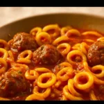 Bowl of easy homemade spaghetti o's with meatballs served in a colorful dish.