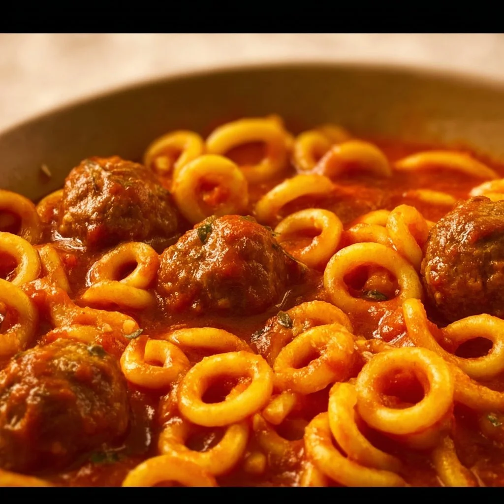 Bowl of easy homemade spaghetti o's with meatballs served in a colorful dish.