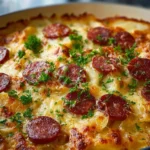 Easy pierogi sausage casserole baked fresh in a dish, garnished with herbs.