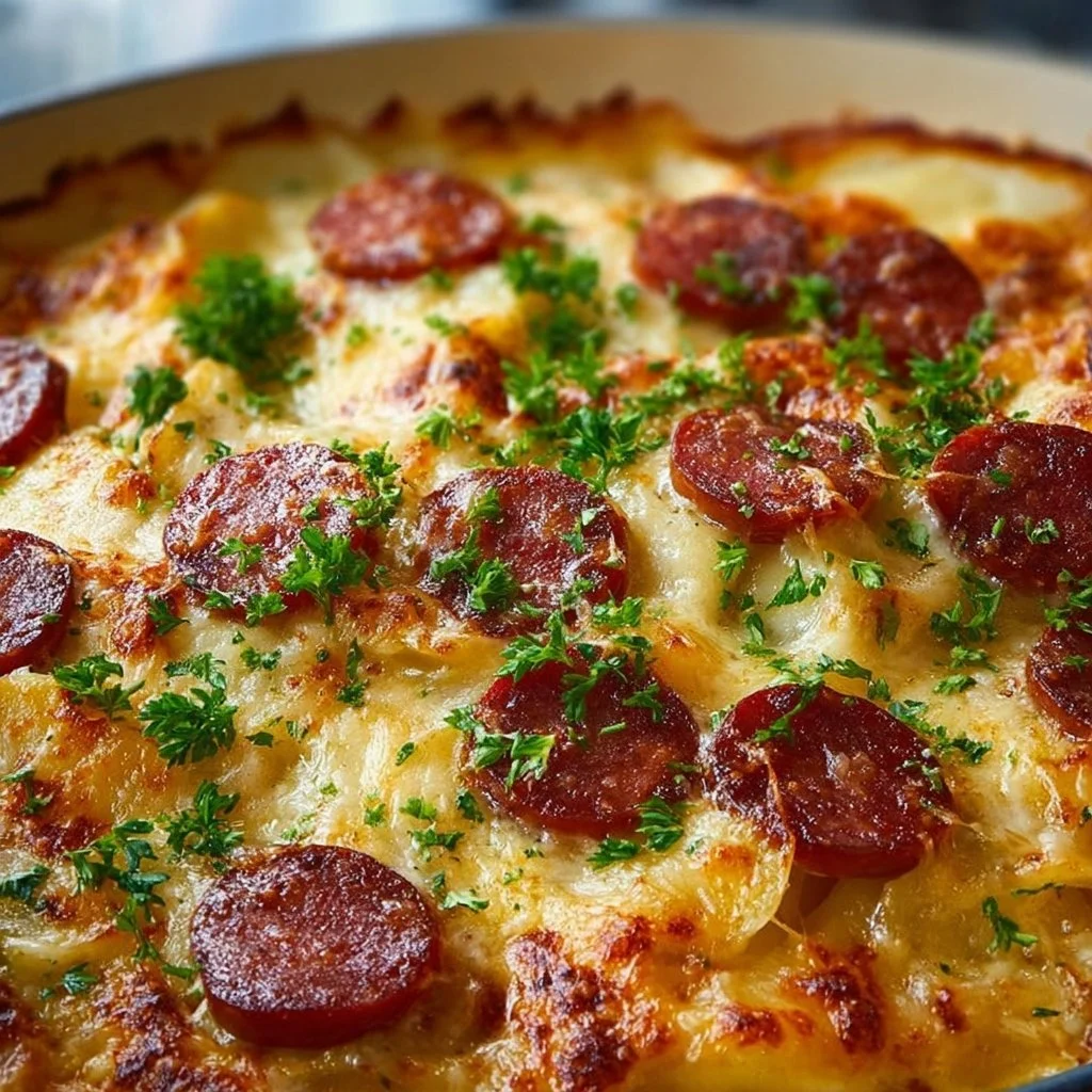 Easy pierogi sausage casserole baked fresh in a dish, garnished with herbs.