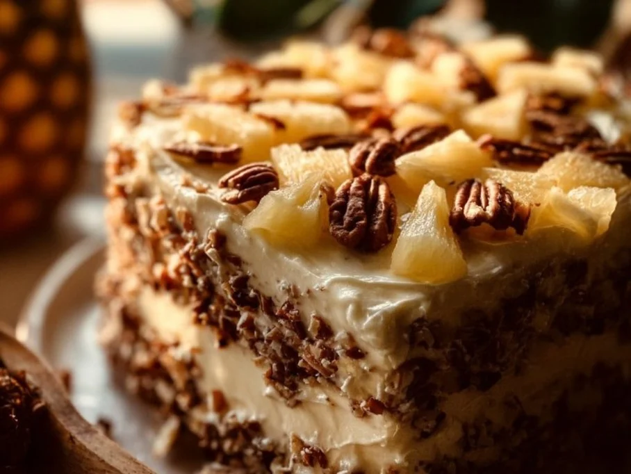 Delicious Elvis Presley Cake topped with cream cheese frosting and nuts