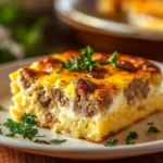 Delicious family-friendly sausage and egg casserole baked and garnished