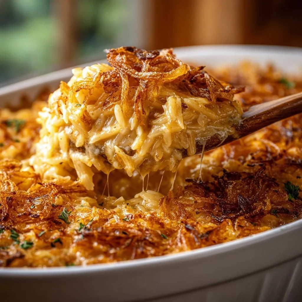 French onion chicken orzo casserole topped with cheese and herbs
