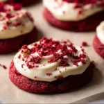Frosted red velvet cupcake cookies on a decorative plate