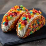 Fruity Pebbles cheesecake tacos with vibrant toppings on a plate