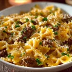 Garlic Butter Beef with Cheesy Bowtie Pasta dish on a plate