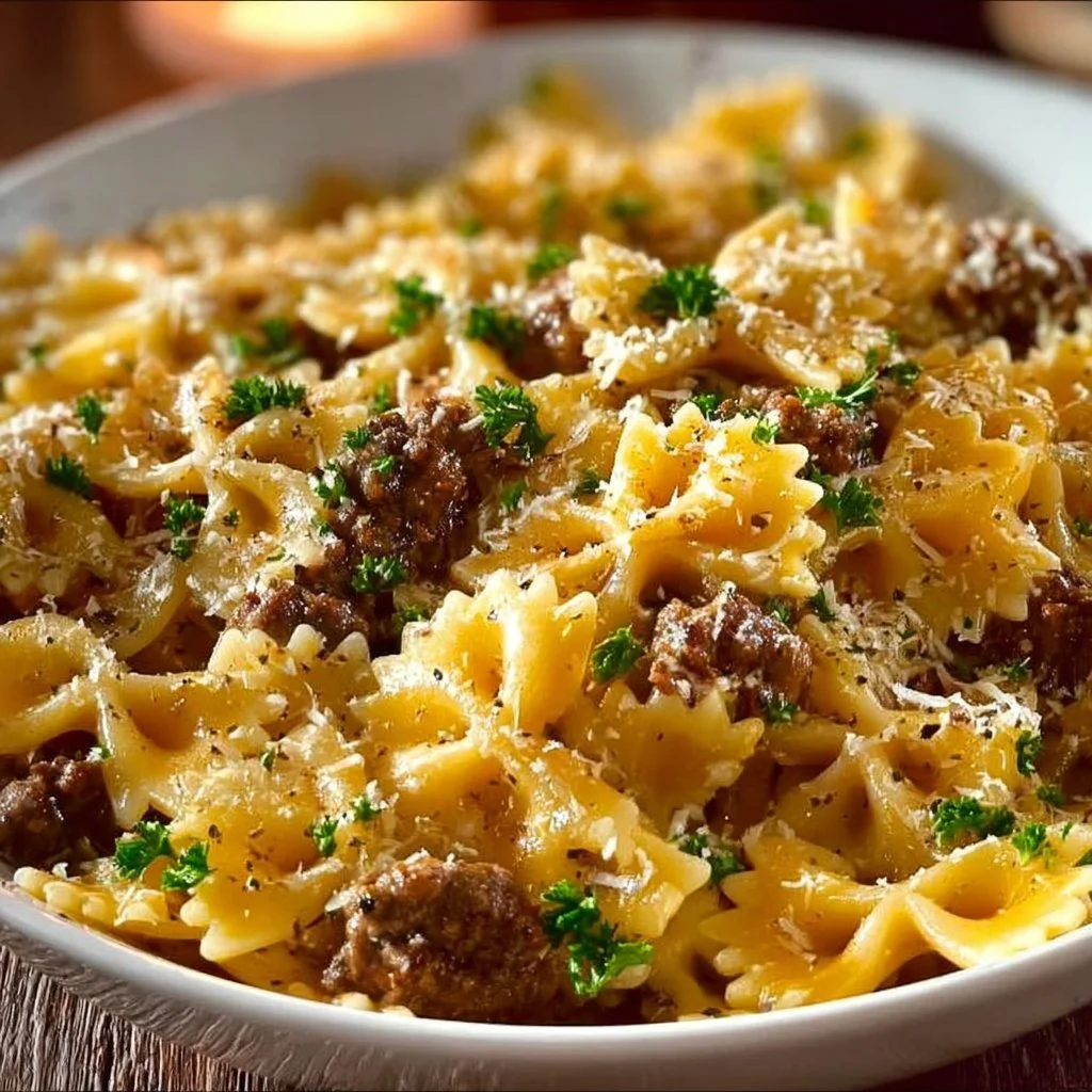 Garlic Butter Beef with Cheesy Bowtie Pasta dish on a plate
