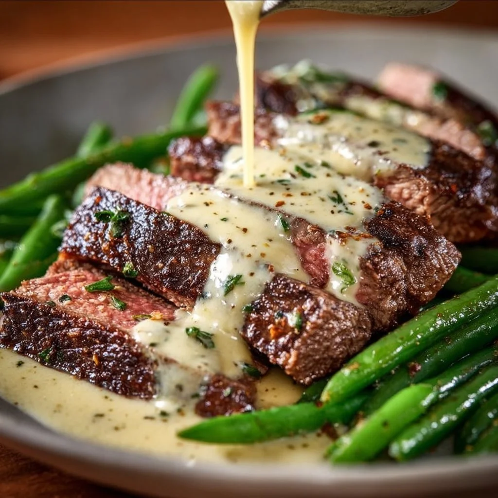 A delicious Garlic Butter Steak topped with rich Parmesan Cream Sauce on a plate.