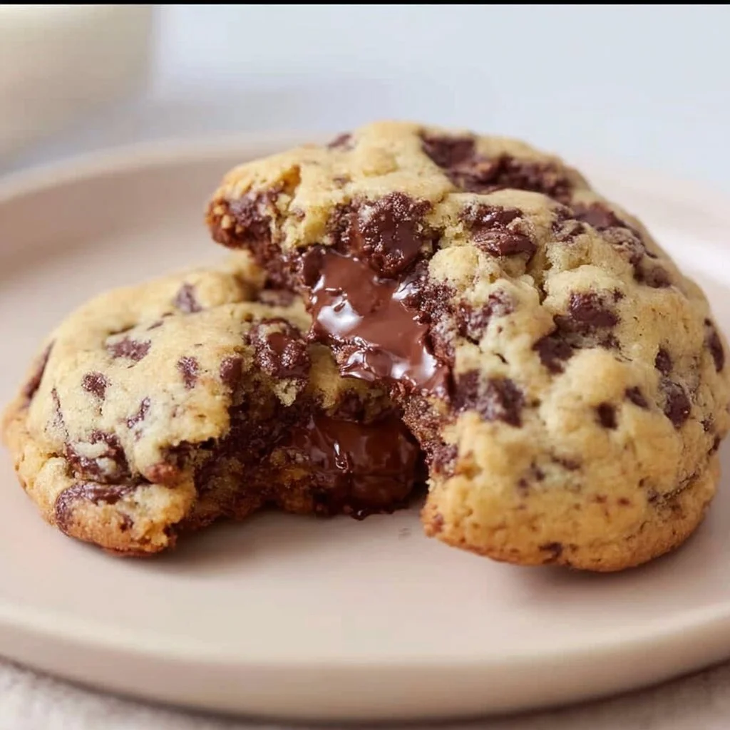 Freshly baked giant chocolate chip cookies on a plate