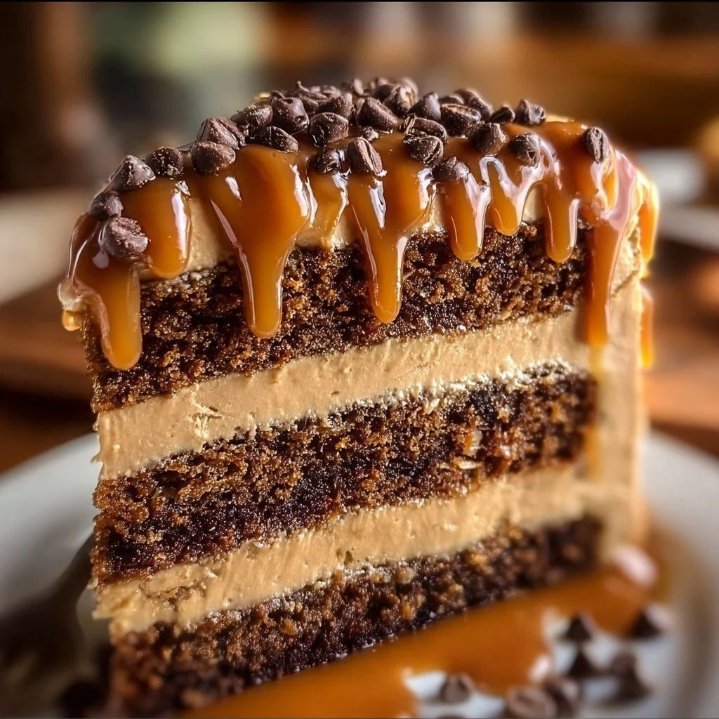 Gooey coffee caramel cake topped with rich caramel sauce and coffee glaze