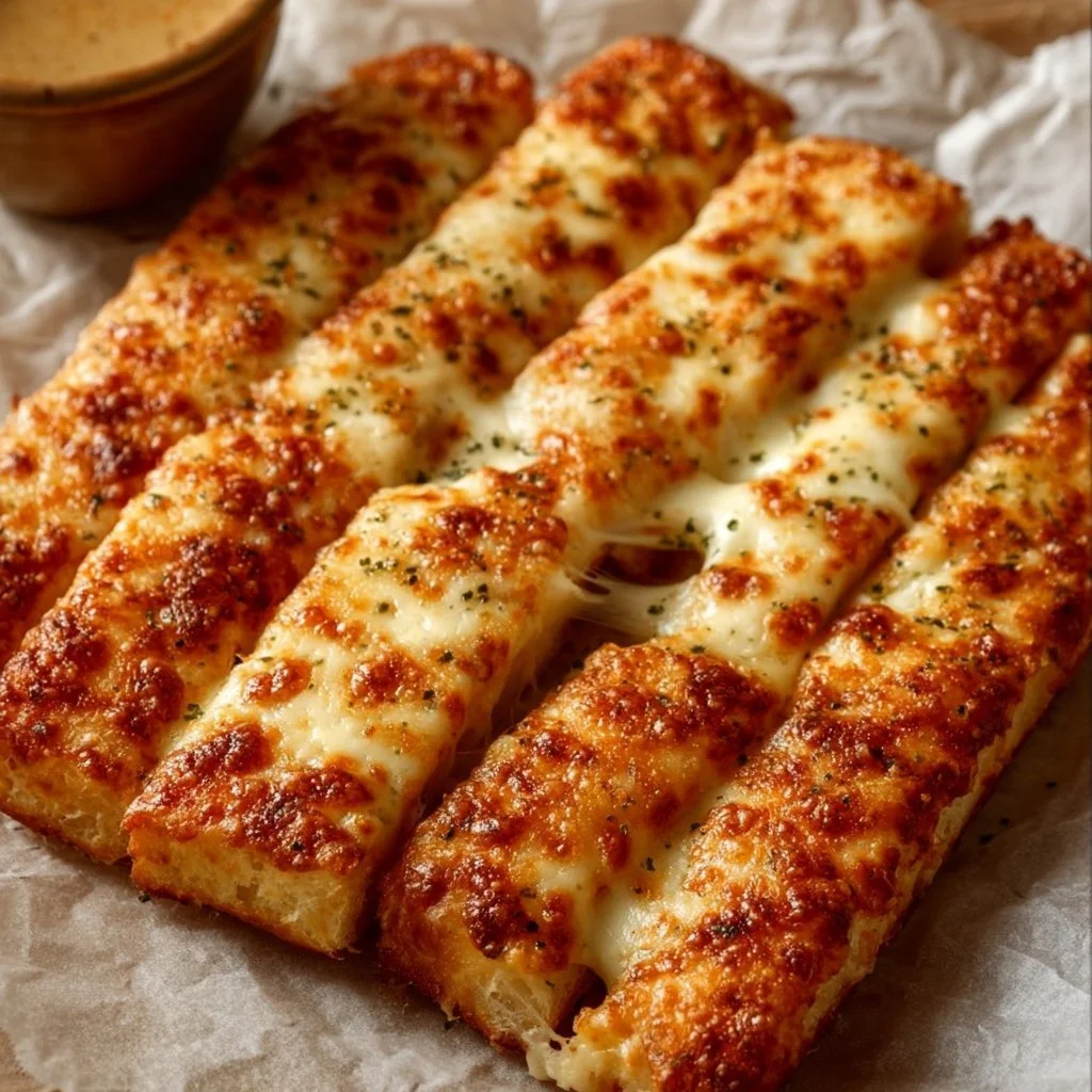 Freshly baked homemade cheesy breadsticks with gooey cheese and herbs