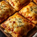 Plate of homemade cheesy pizza pockets filled with gooey cheese and toppings